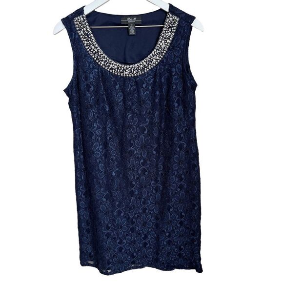 R&M Richards Sheath Dress Womens 12 Navy Blue Embossed Beaded Lace Sleeveless - Picture 1 of 6